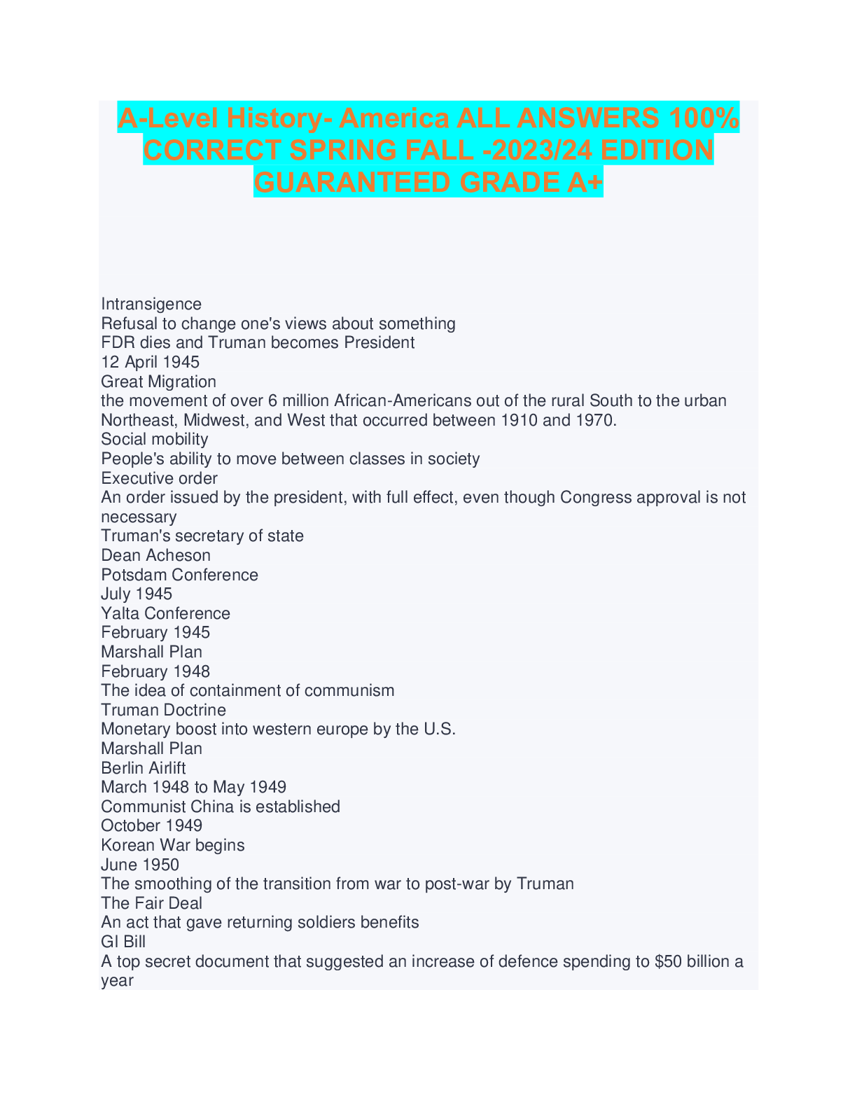 Preview image for A-Level History- America ALL ANSWERS 100% CORRECT SPRING FALL -2023/24 EDITION GUARANTEED GRADE A+